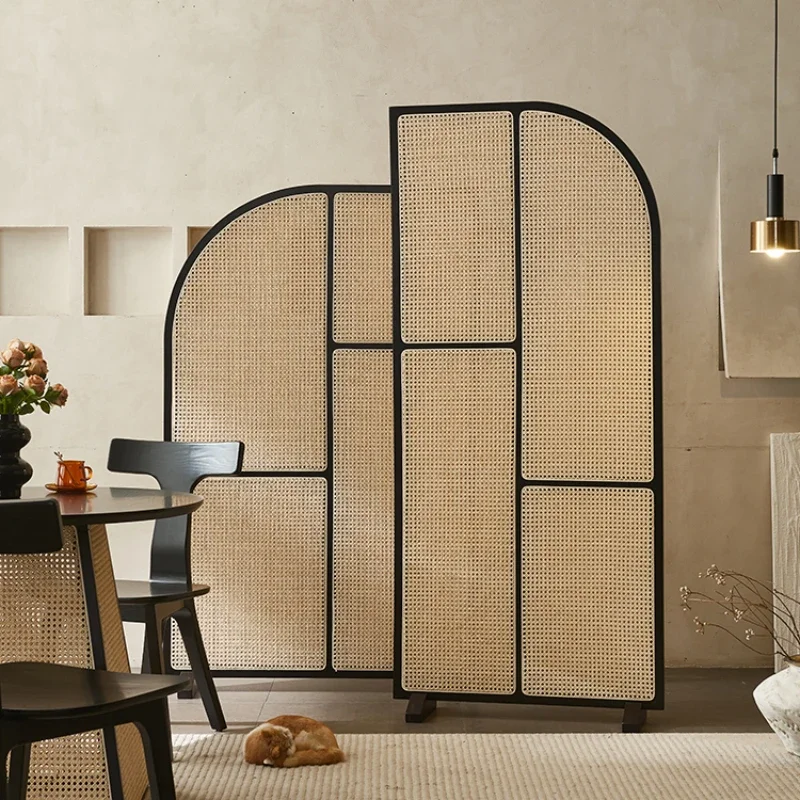 Solid wood rattan screen combination partition wall movable simple seat screen