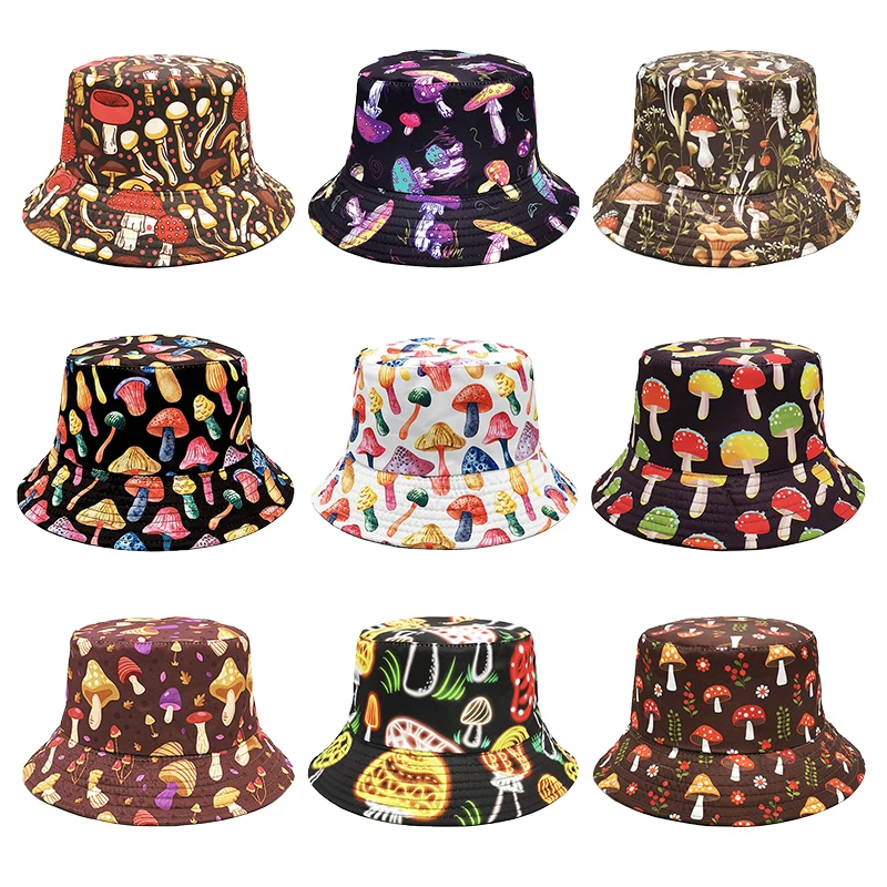 Summer Colorful Mushroom Pattern Bucket Hat American Casual Personality Foldable Outdoor Shading Double-sided Basin Caps Unisex