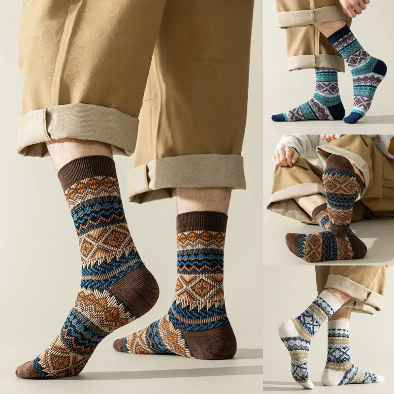 1/3/5 Paar Herrensocken im Ethno-Stil, Retro-Argyle-Mid-Crew-Socken, Doppelnadelstrick-Baumwollsocken, modische Socken für alle Jahreszeiten, EU 36–44