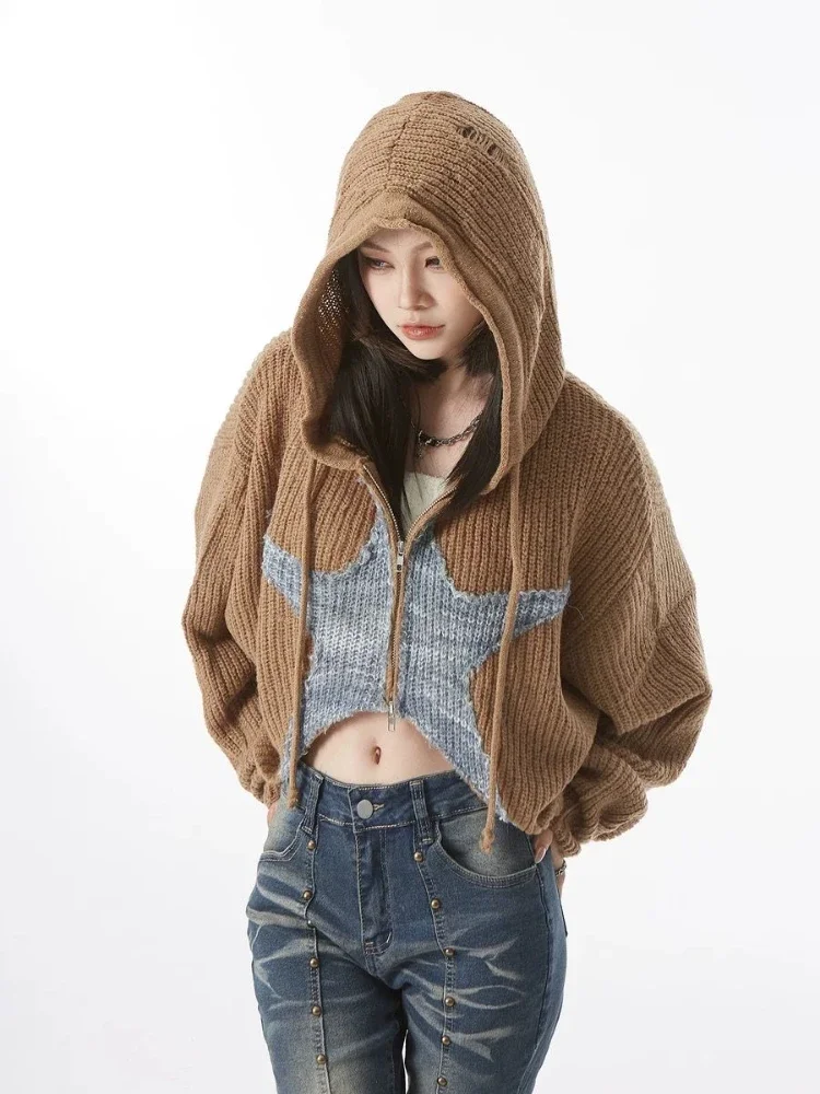 Vintage Patchwork Star Hoodes Cardigans Harajuku Zipper Women Chic Knitwear Autumn Ladies Cashmere Jacket Elegant Short Sweater