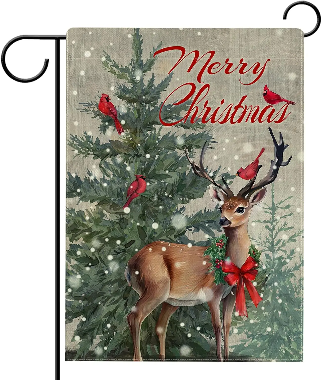 Hzppyz Merry Christmas Deer Cardinal Garden Flag, Xmas Pine Trees Elk Red Birds Wreath Decorative Yard Outdoor Home Small Decor,