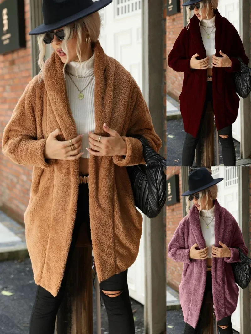 Autumn Winter 2022 New Flashy Women's Double Sided Velvet Coat Plush Buckle Free Cardigan Solid Color Loose Long Polo Sweater