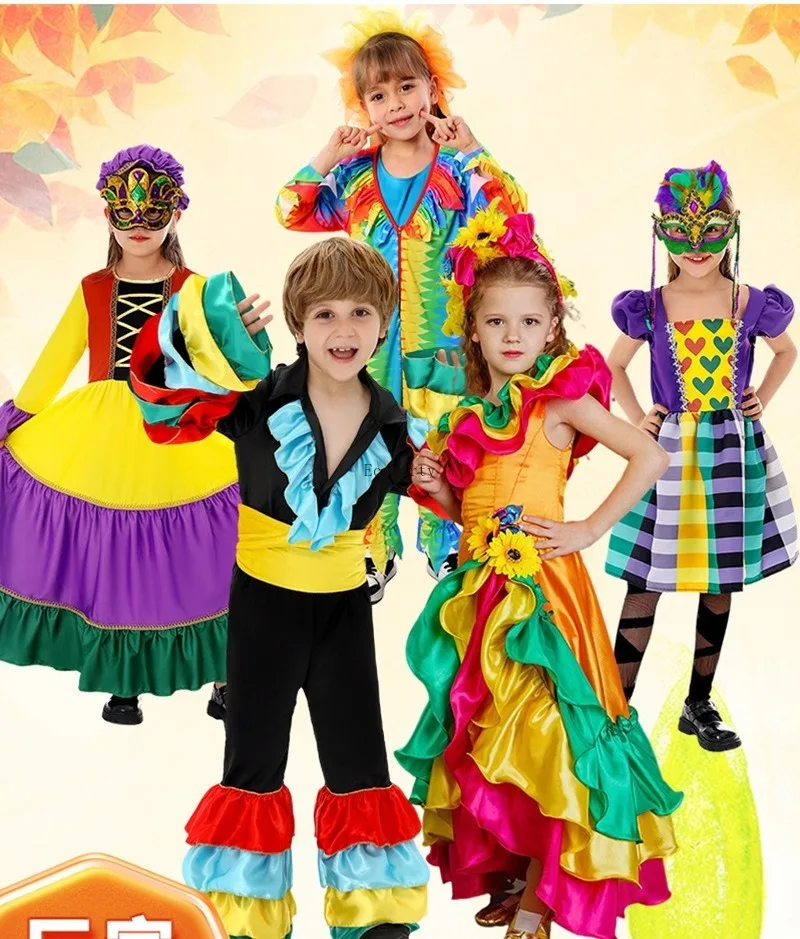 Brazilian Dancer Boys Girls Costume Cosplay Children Spanish Flamenco Rumba Samba Dance Costume Rio Carnival Dress Bodysuit Set