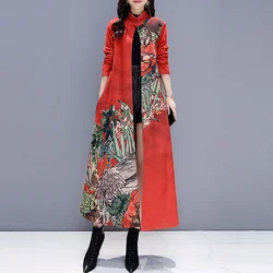 2023 Fall Spring  Women Red Grey Floral Print Long Suede Trench Coats , Womens Clothes Mandarin Collar Flower  Loose Coats