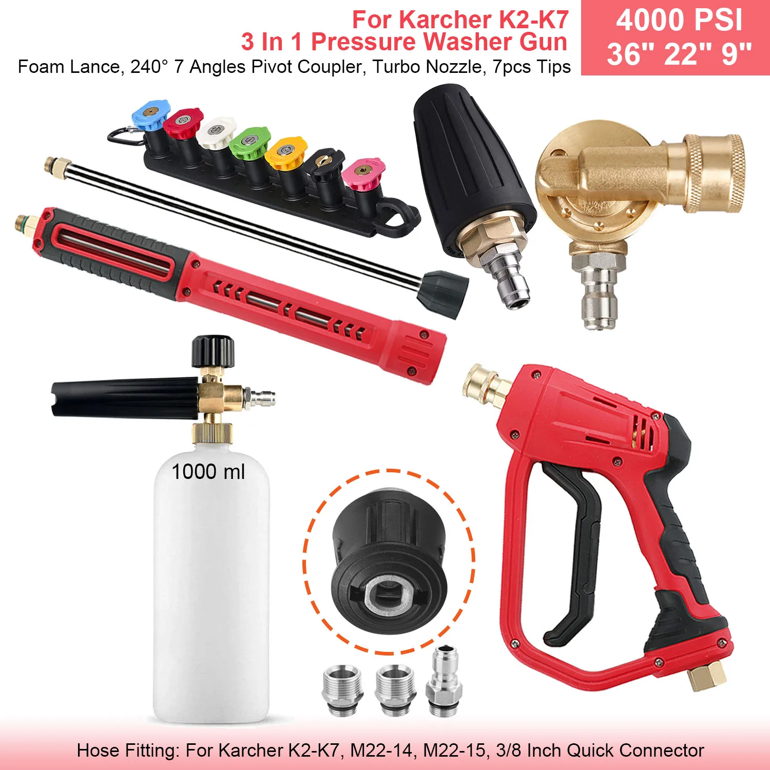 36 "In 4000 PSI Hogedrukreiniger Pistool Verlengstuk Nozzles Schuimlans 3 in 1 M22 14 15 mm 3/8 In Snelkoppeling Autoreiniger Kit