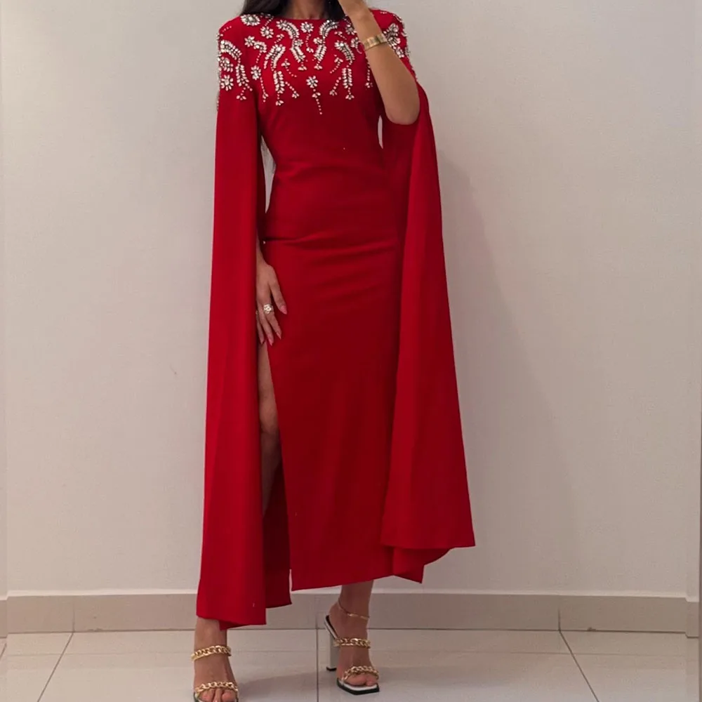

Customized Straight Evening Dresses Tea-Length O-Neck Full Sleeve Prom Gown Fashion Crystal Side Split Simple Draped Party Gown