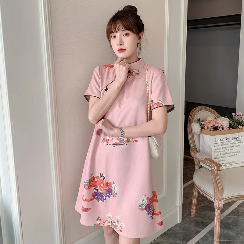 FZSLCYIYI Peking Opera Print Pink Fashion Modern Cheongsam Dress for Women Short Sleeve Qipao Traditional Chinese Clothes