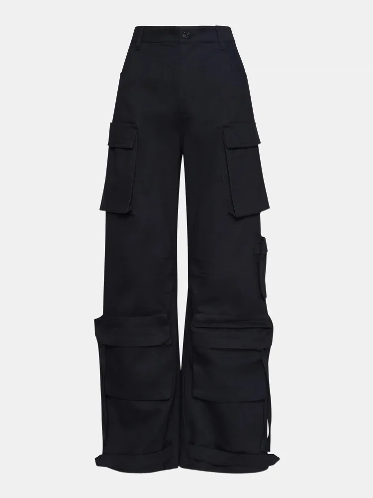 Summer Women Casual Multi Pockets Wide Leg Pants Solid Color Loose Fit Straight Trousers Ladies Fashion High Street Cargo Pants