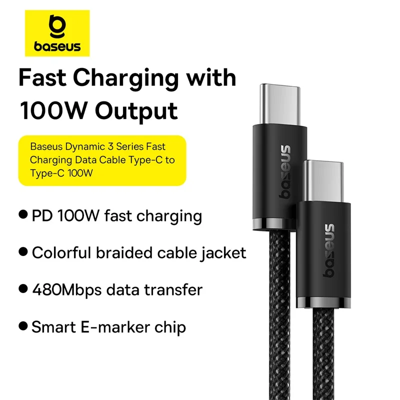 Baseus-Cable tipo C de carga rápida para iPhone, Cargador USB tipo C para Macbook de 100W, Samsung, Xiaomi, tipo C