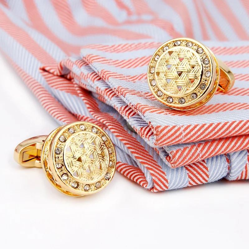 Gold Round Rhinestone Crystal Cufflinks for Men, Cuff Links for Dress Shirt, Wedding Groom Business Party Gift Boxed Set for Him