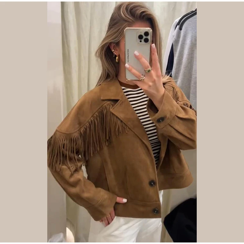 Damen-Wildlederjacken mit Übergroßem Revers und Quasten, Einreihige Kurze Mäntel, Herbst-Damenjacke mit Langen Ärmeln, Neue Oberbekleidung – Detail 18