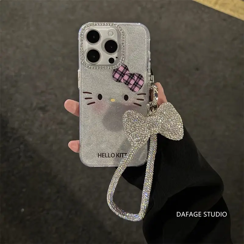 Kawaii Glitter Kt Cat Chain Phone Case Applicable To Iphone 13 14Promax Apple 12 13Pro 15Promax Rhinestone Cellphone Case Gift