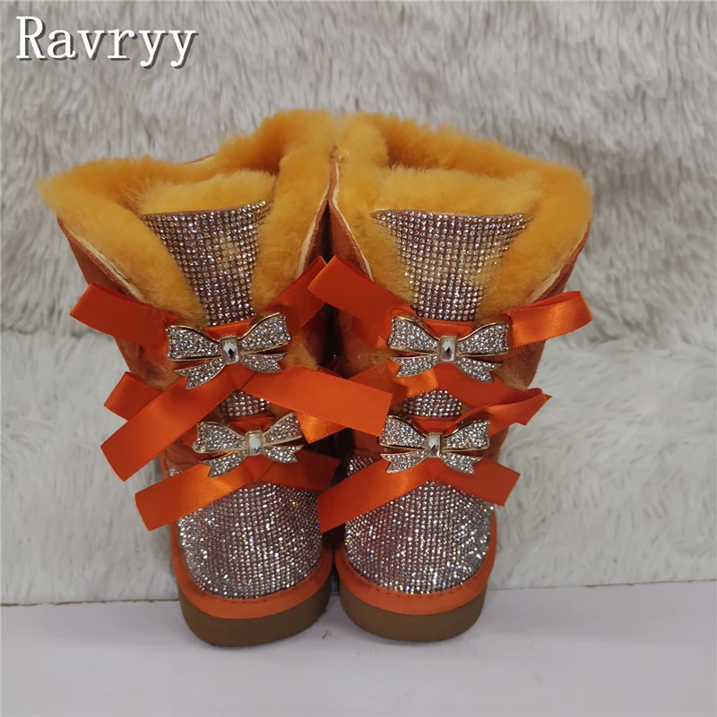 Bling Rhinestones Butterfly Knots Sweet Women Boots Brand Design Luxury Wool Winter Outdoor Warm Mid Calf Snow Boots