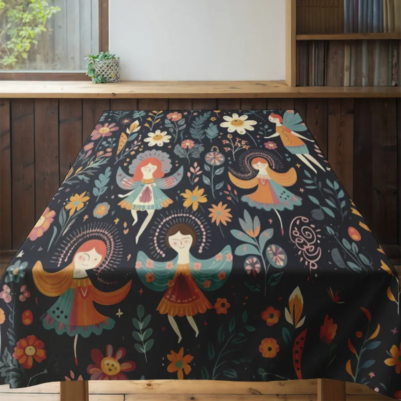 مفرش طاولة مطبوع عليه زهور لديكور المنزل، غطاء طعام بوليستر مقاوم للماء لتزيين المطبخ، تصميم زهور سوداء مع طيور #4