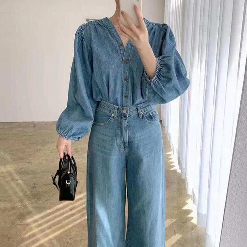 

Шикарный винтажный весенний длинный комплект све V-Ne Denim irt с высокой талией, прямые широкие брюки, женский ансамбль Faion