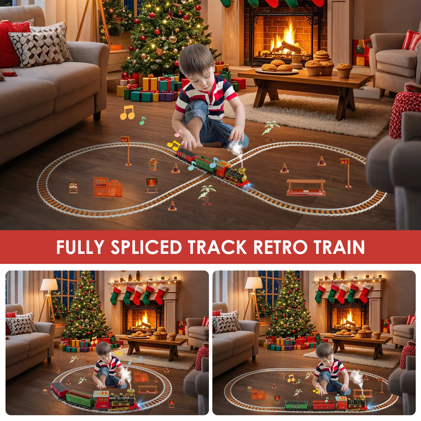 Electric Train Toy Set Electric Steam Rail Train Set with Smoke Light and Sounds Vintage Train Track Playset Battery Powered