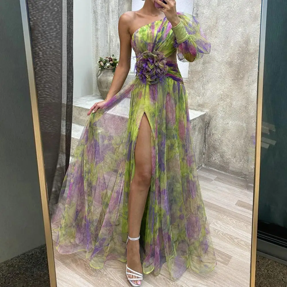 Tie-dye Print Off-shoulder Dress Elegant One Shoulder Ball Gown with Tie-dye Flower Print Mesh Bubble Sleeves Women's Floor