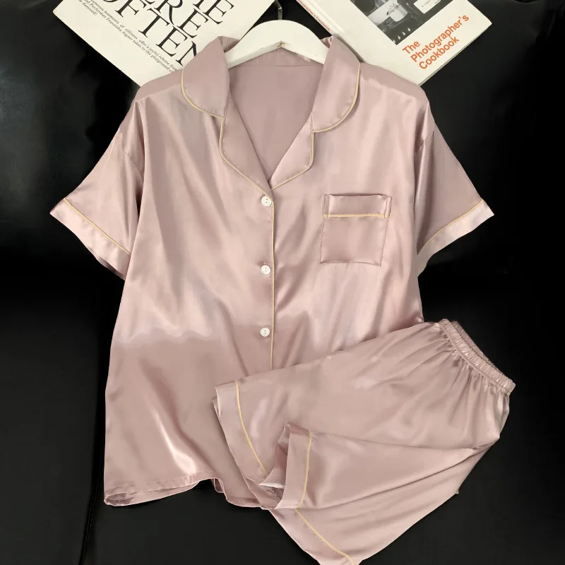 

Summer American Minimalist Ice Silk Pajamas for Women - Short-Sleeve Top and Shorts Two-Piece Set Premium Quality Homewear Set