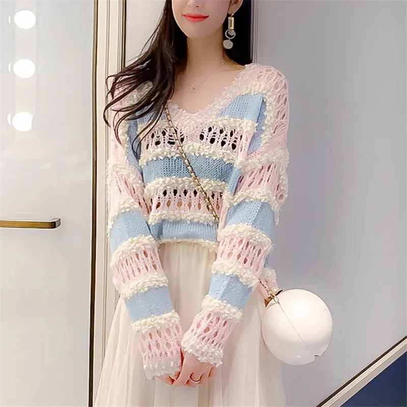 Fashion Pull Femme Striped Hollowed Out Knit Top For Women Spring Summer Sweaters Loose Ladies Long Sleeve Pullover Shirt