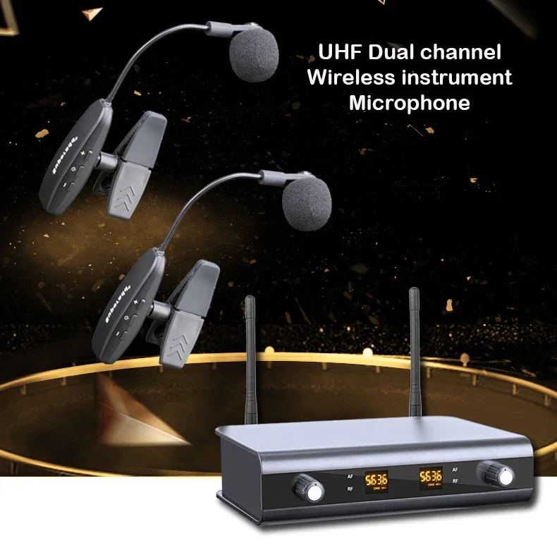 Professional UHF Dual Saxophone Mic Wireless Microphone Instrument Stage Performance