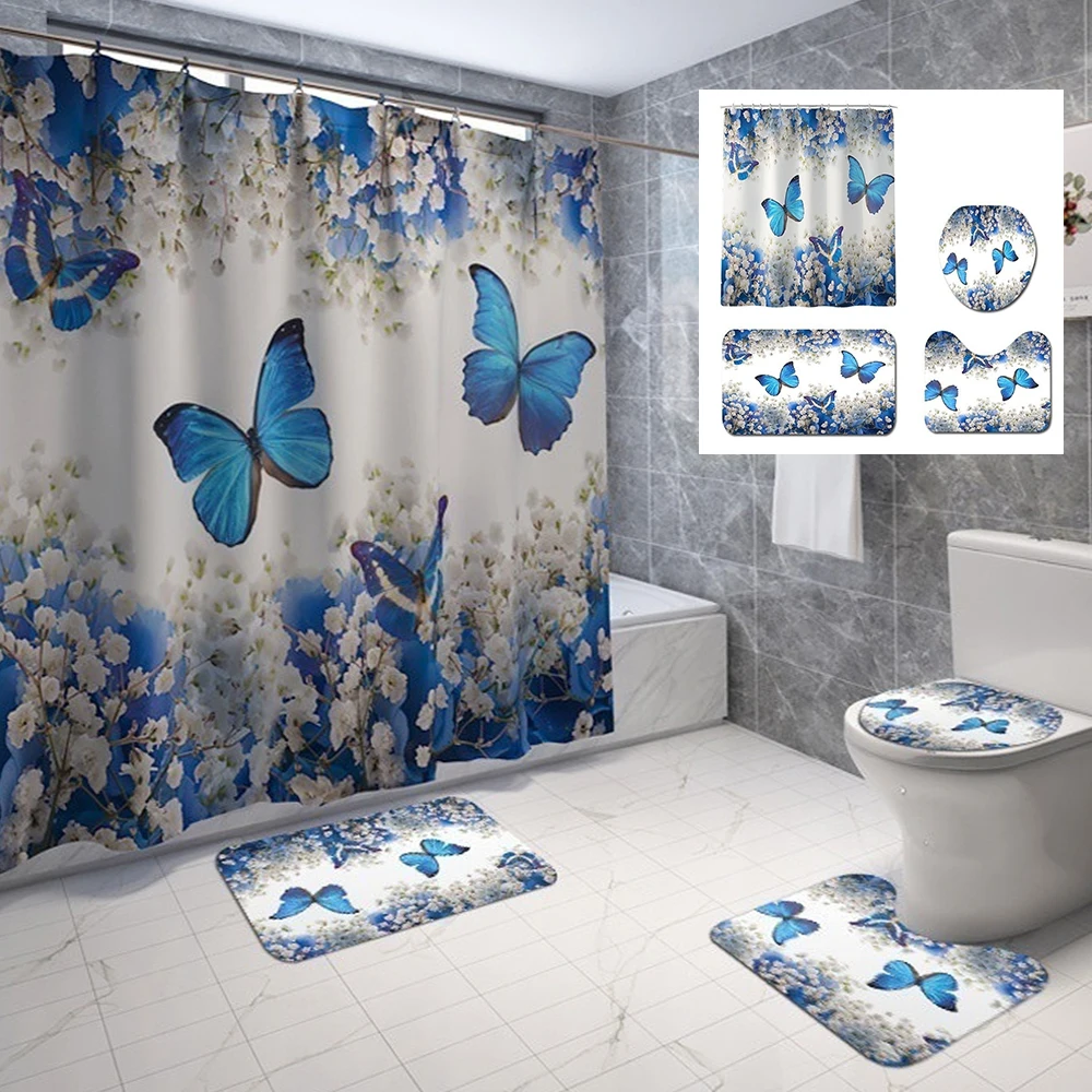 Golden Blue Butterfly Flower Polyester Waterproof Shower Curtain Bathroom Curtains Set Non-Slip Rug Toilet Lid Cover Floor Mats