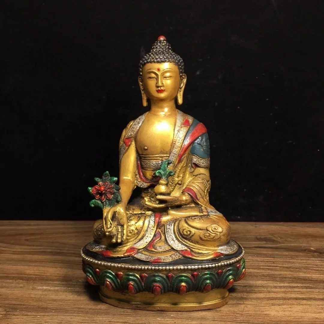 Pure copper painted Buddha statue of Apothecary Sakyamuni 13 cm long, 20 cm high and weighs 735 grams