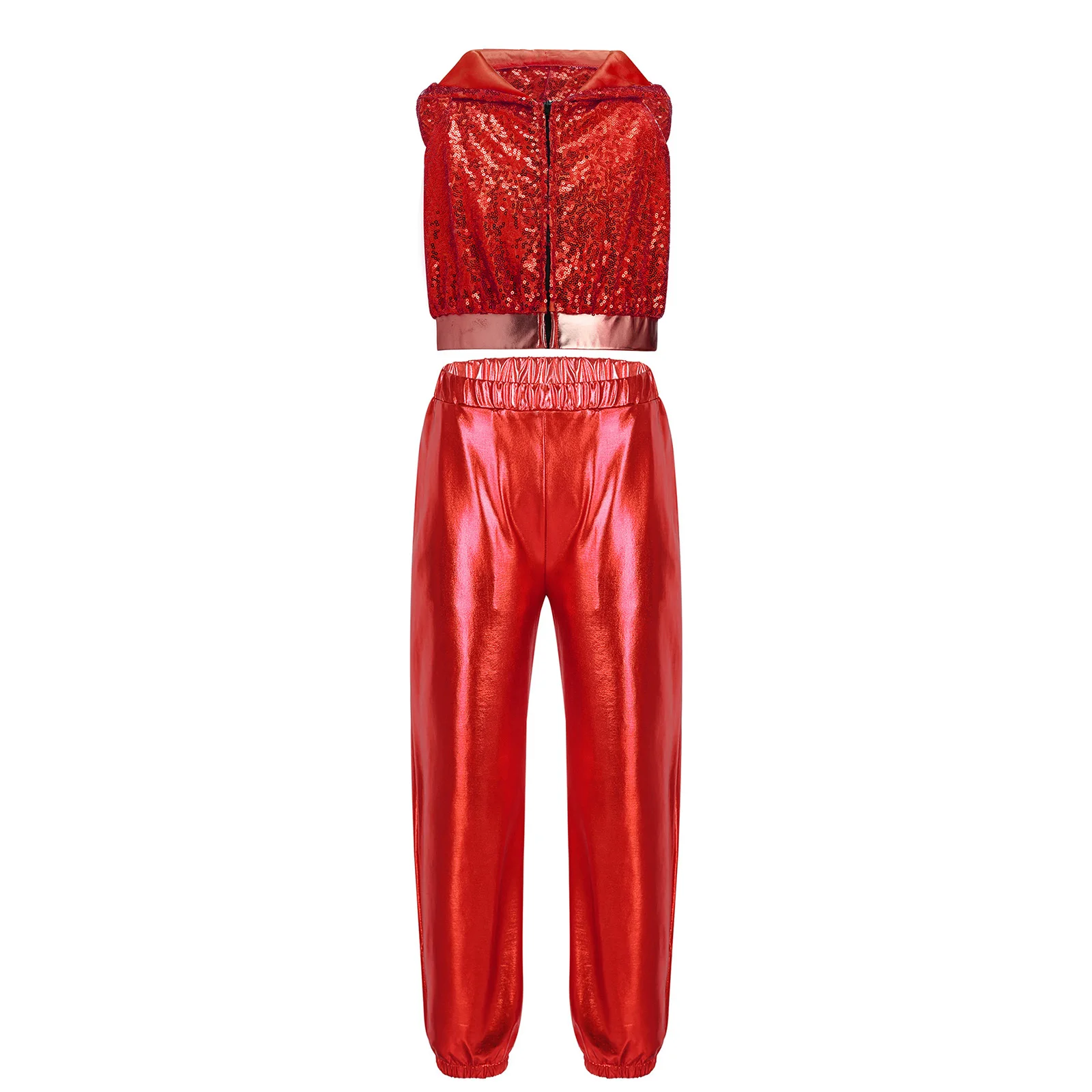 Kids Girls Sleeveless Sparkly Sequins Hooded Crop Top Metallic Pants Modern Hip Hop Jazz Street Dance Set for Stage Performance