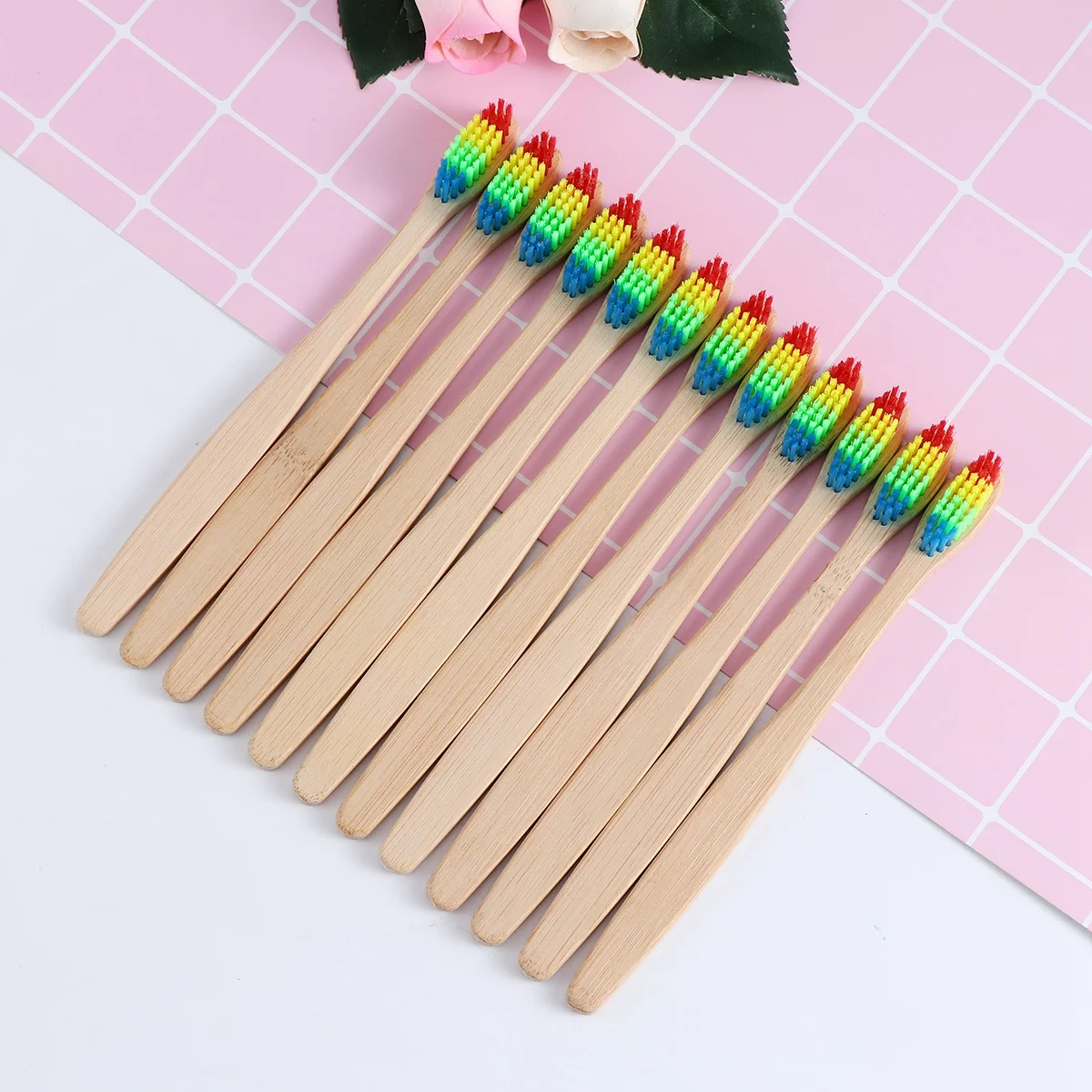 12Pcs Bamboo Toothbrush Eco-Friendly Biodegradable Wood Handle Nylon Iridescent Bristle Strong Cleaning Healthy Gums