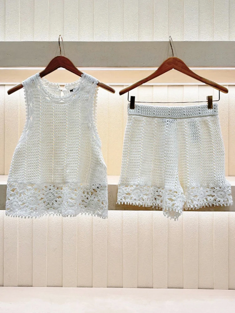 

M Home Nan You High End Women's Knitted Hollow out Vest Top Shorts Set Summer Fashion Ensemble Polyester Fiber round Neck