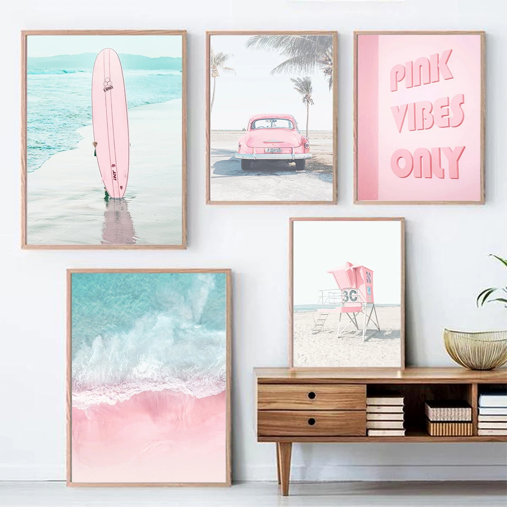 

Gallery Wall Beach Prints Blush Pink Wall Decor,Tropical Art Surf Canvas,Ocean Landscape,Holidays,Home Room Decoration Poster