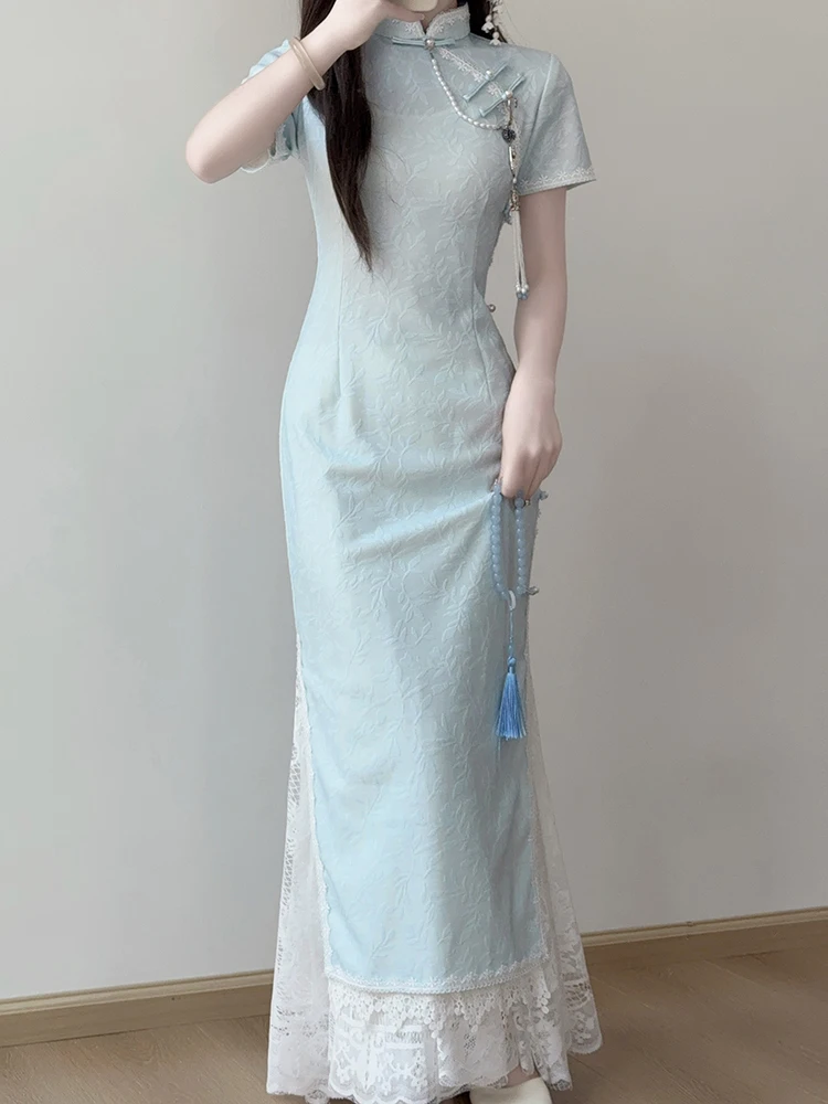 

Ting Yue Ling Qipao Large Size Young Sle Slimming Blue Traditional Chinese Sle Dr Set Casual High Waist Lace Detail