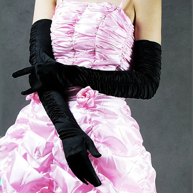 Women Pleated  Dance Party Wedding Gloves Full Finger Satin White Black Gloves Long Wedding Gloves For Bride Accessories