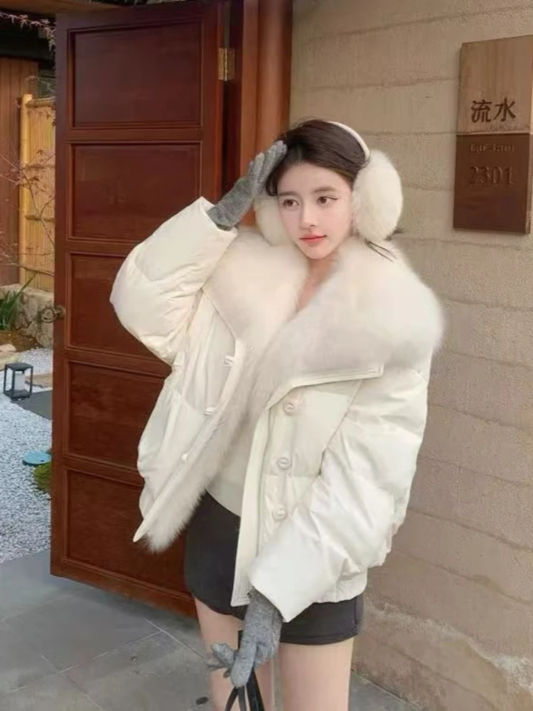 Korean Elegant Chic Pink Puffer Parka Women Big Faux Fur Collar Cropped Thick Warm Loose Fit Winter Casual Daily Outfit 2026