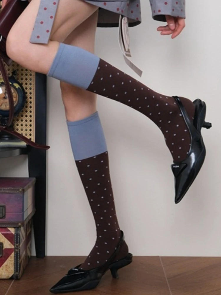 New Fashion Color-block Cotton Knitted Stockings College Style Polka Dots Knee High Socks Women Ballet Versatile Casual Hosiery image 5