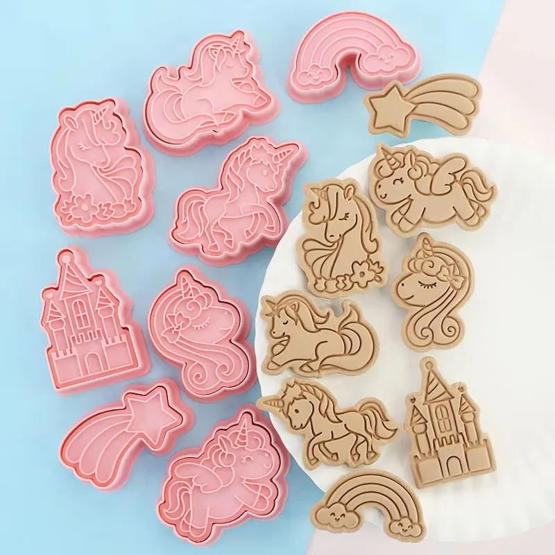 Cookies Cutter 8 pieces Unicorn Dough Stamp Plastic 3D Cartoon Pressable Biscuit Mold Kitchen Baking Pastry Bakeware