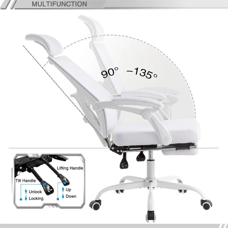 人間工学に基づいたメッシュのフットレスト付きオフィスチェア,調節可能なコンピューターチェア,ヘッドレストと背もたれ,家庭用,90-135
