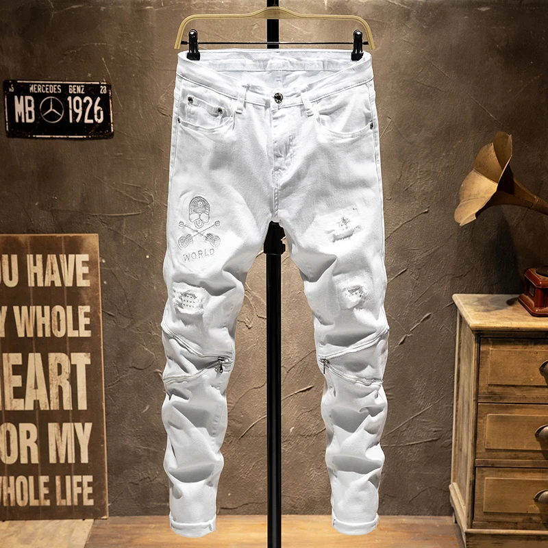 

Summer Thin Skull Head Rhinestone Hole White Jeans Men's Personali Zipper Slim Long Pants Cotton Elastic Jeans Casual Youth...