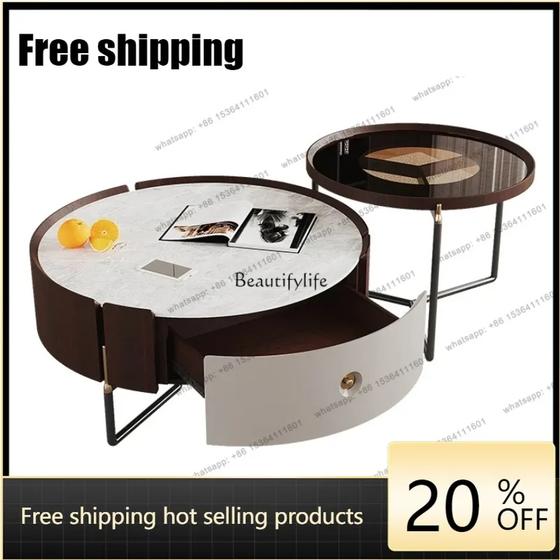 HJ Italian Silent Cream Style Living Room Combination Size Round Tea Table TV Cabinet