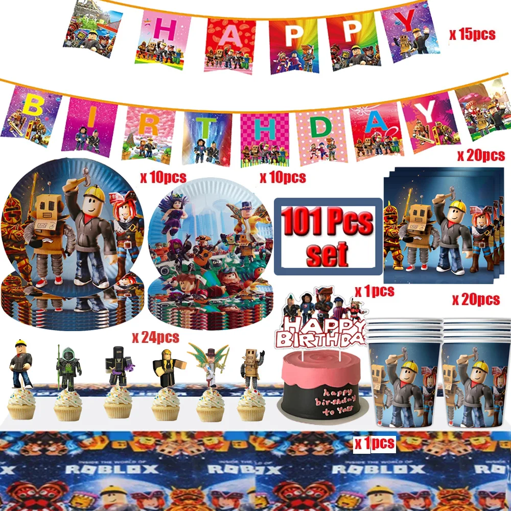 Roblox-vajilla de decoración de feliz cumpleaños para niños, juego de Robot, plato de papel, taza, suministros para fiestas, decoración para Baby Shower, 101