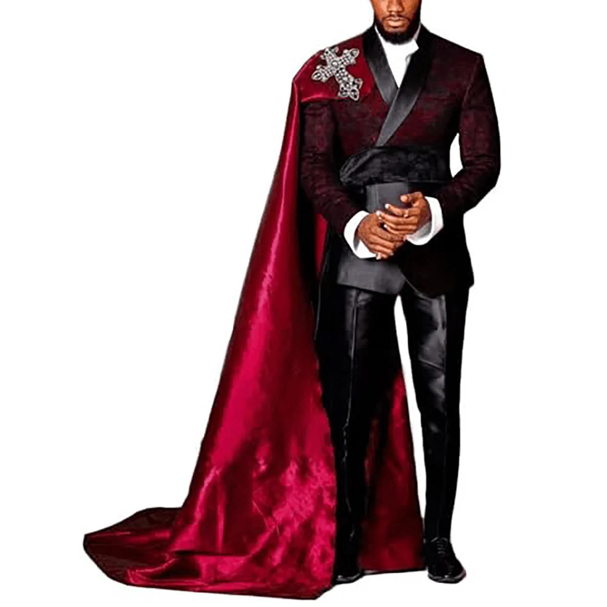 

Halloween Red Men Suit Cross Skull Beetle Applique Shawl Lapel Groom Wear Party Tuxedo 3 Pcs (Jacket+Pant+Cape) Custom Made