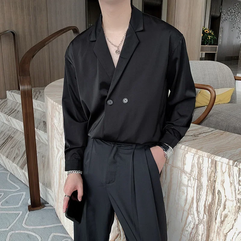 

Spring Long Sleeved Shirt Men's Summer Korean Suit Collar Short Sleeved T-shirt Fashion Loose Casual Shirt Tops Y2k Men Clothing