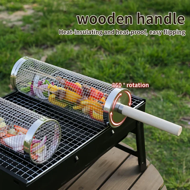 

Nice Stainless Steel Grill Basket Scald Proof BBQ Rolling Grilling Basket BBQ Rack Grill Accessories For Outdoor Camping