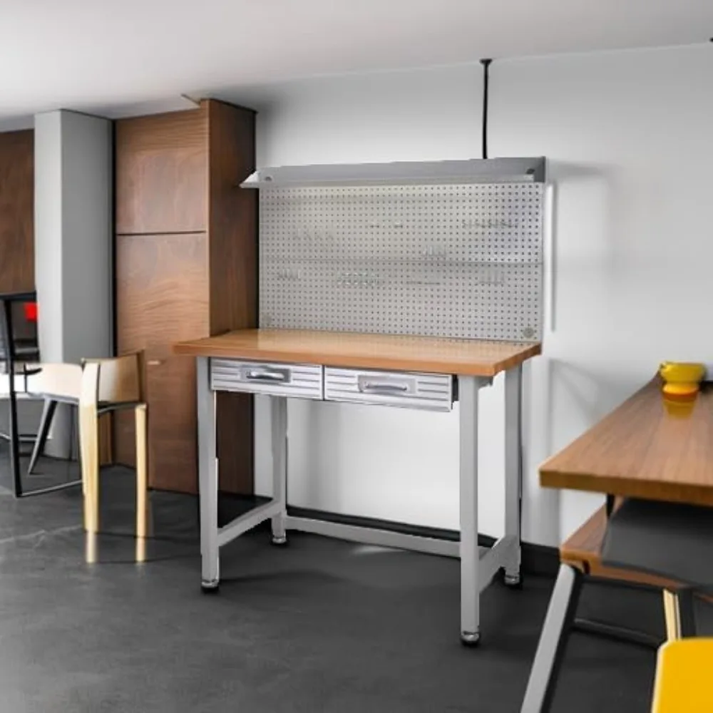 Workcenter de pegboard iluminado por LED com sortimento de 23 ganchos e mesa de gaveta, 48", cinza granito