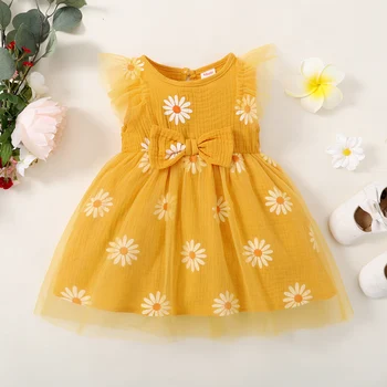 Vestido de verano para niña pequeña, Margarita pequeña, sin mangas, tul, fiesta navideña, vestido de princesa, adecuado para niñas lindas de 1 a 5 años