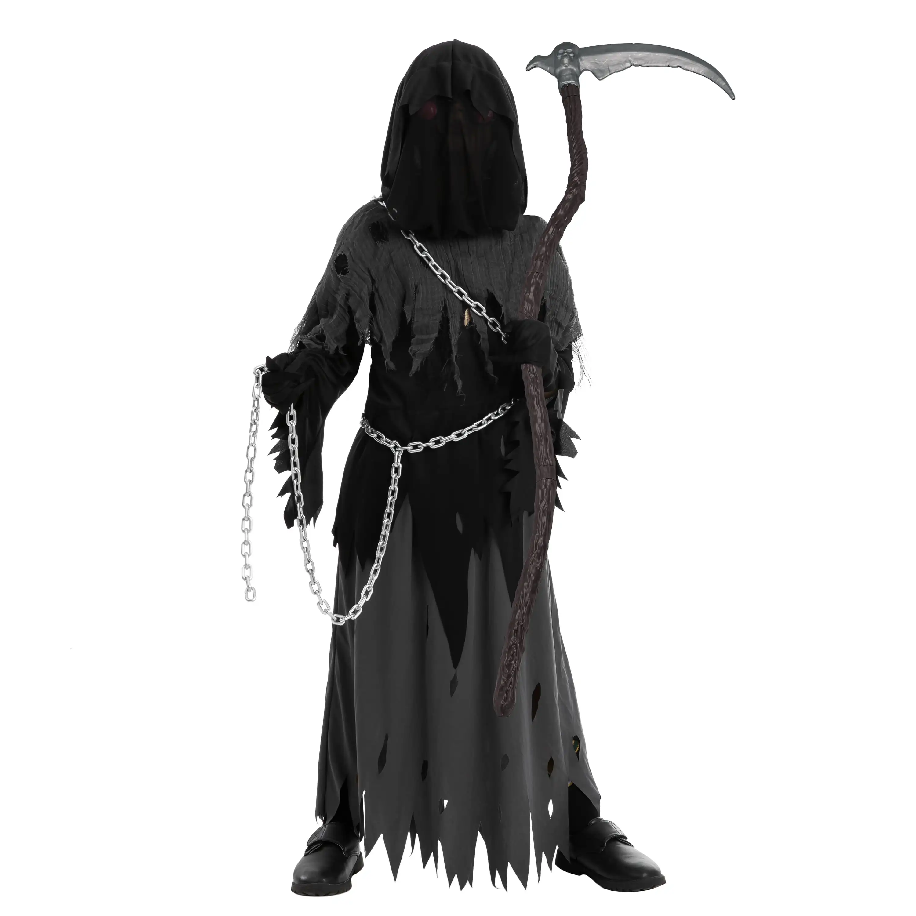 زي Joyfy Child ذو عيون متوهجة Grim Reaper، زي فانتوم للأطفال في الهالوين فستان فاخر من 5 إلى 12 سنة