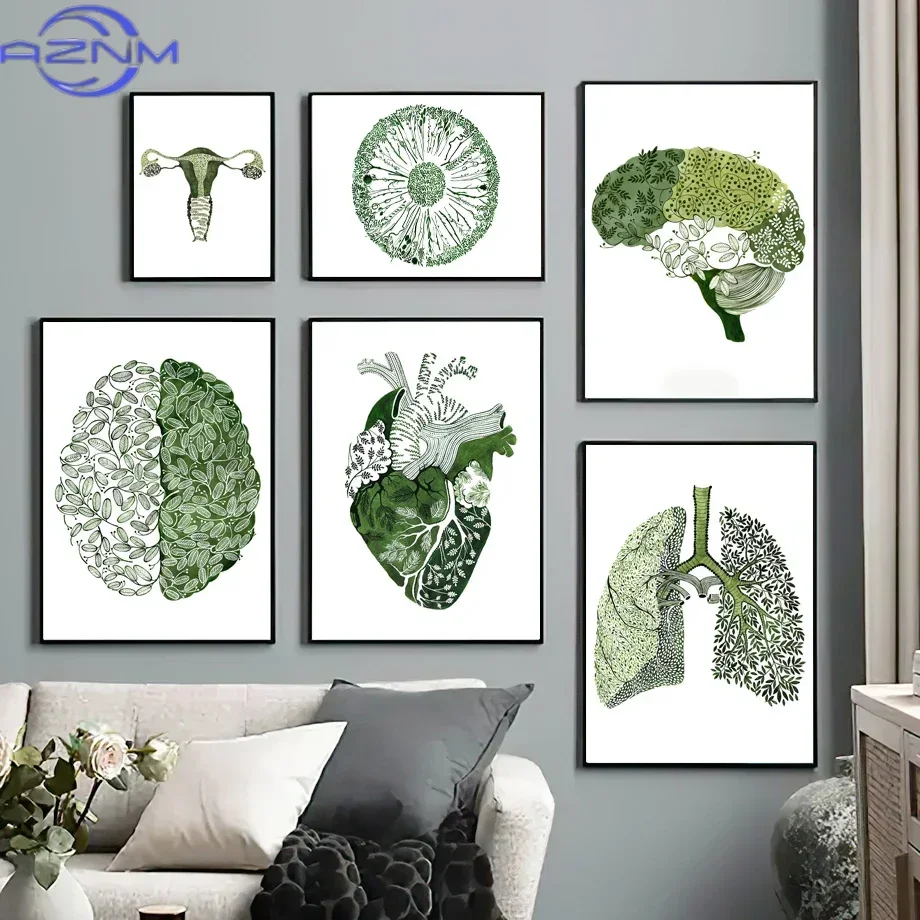 Green Abstract Medicine Anatomy Heart Lung Eye Nordic Posters And Prints Wall Art Canvas Painting Wall Pictures For Clinic De