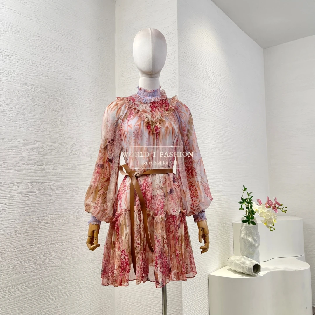 

Pink Rose Red Long Sleeve Lantern Sleeve Floral Print Midi Dress