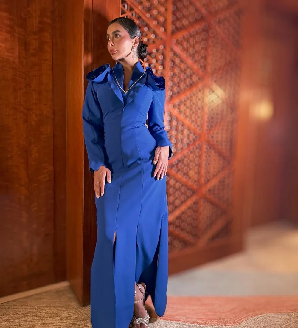 Personalizado de alta qualidade jérsei plissado flor em linha reta com decote em v midi vestidos de baile clássico requintado estilo moderno chine