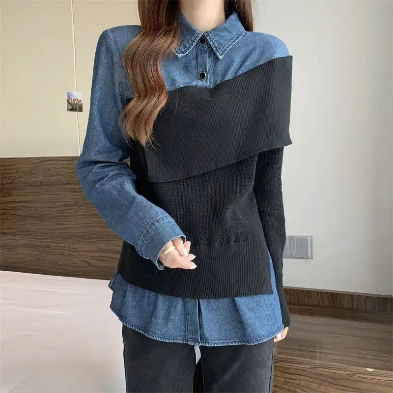 

Knitted Splicing Denim Button Design 2023 Autumn Fashion Outer Wear Loose Slimming Niche Long-Sleeved Sweater