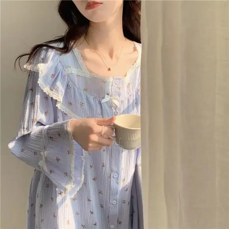 New Sweet Girls Cotton Loose Sleepshirts Women\'s Princess Style Home Dress Student Leisure Nightgowns Spring Autumn Nightdress